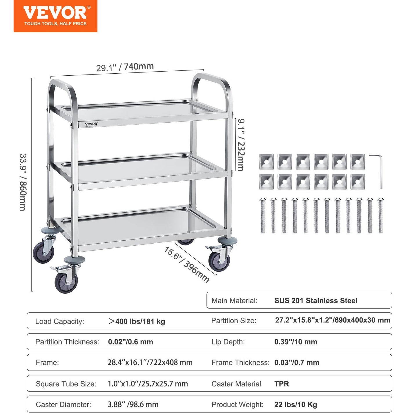 3-Layer Stainless Steel Laboratory Cart – 400 lb Capacity, Lockable Wheels, Multi-Purpose Utility Cart for Labs, Clinics & Industrial Use