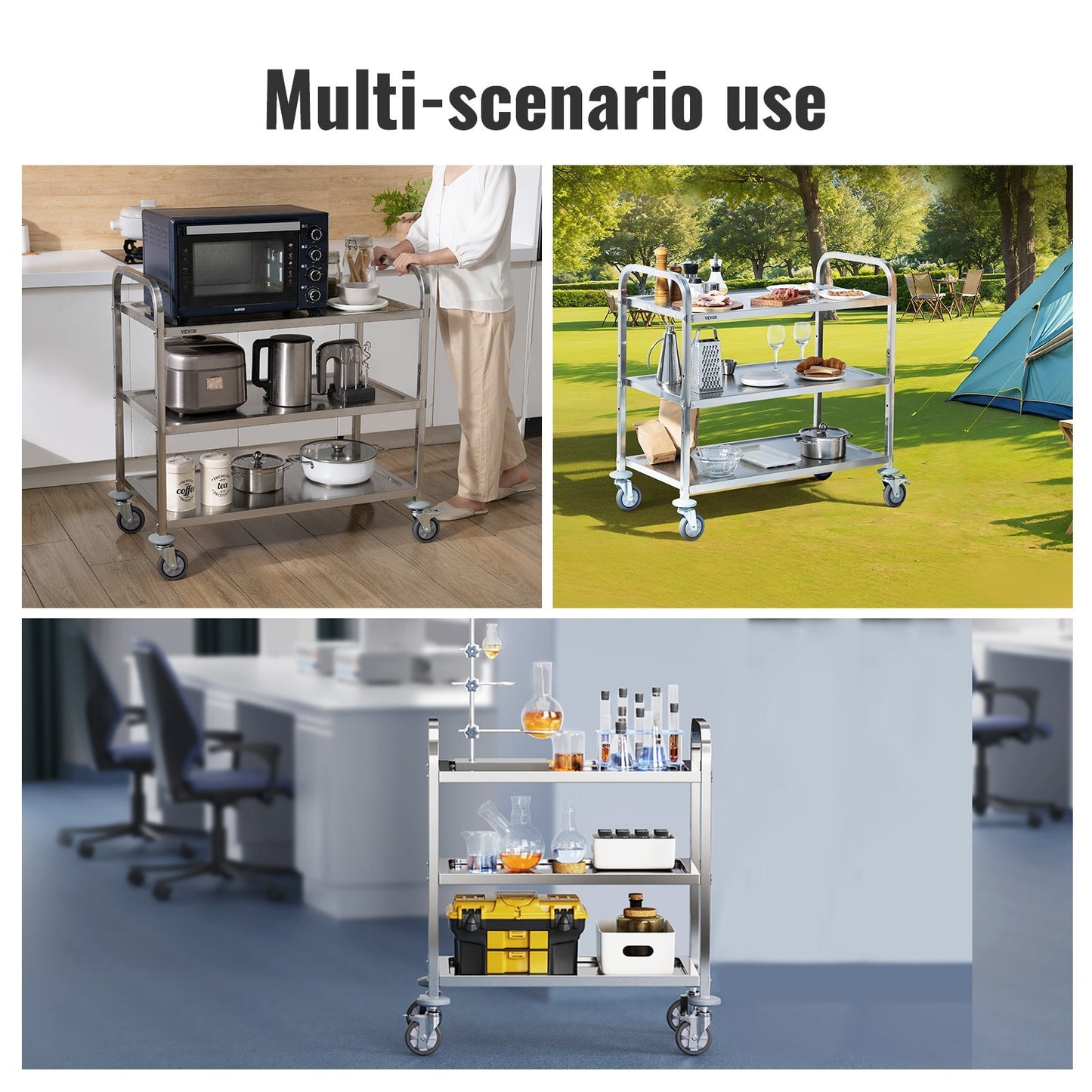 3-Layer Stainless Steel Laboratory Cart – 400 lb Capacity, Lockable Wheels, Multi-Purpose Utility Cart for Labs, Clinics & Industrial Use