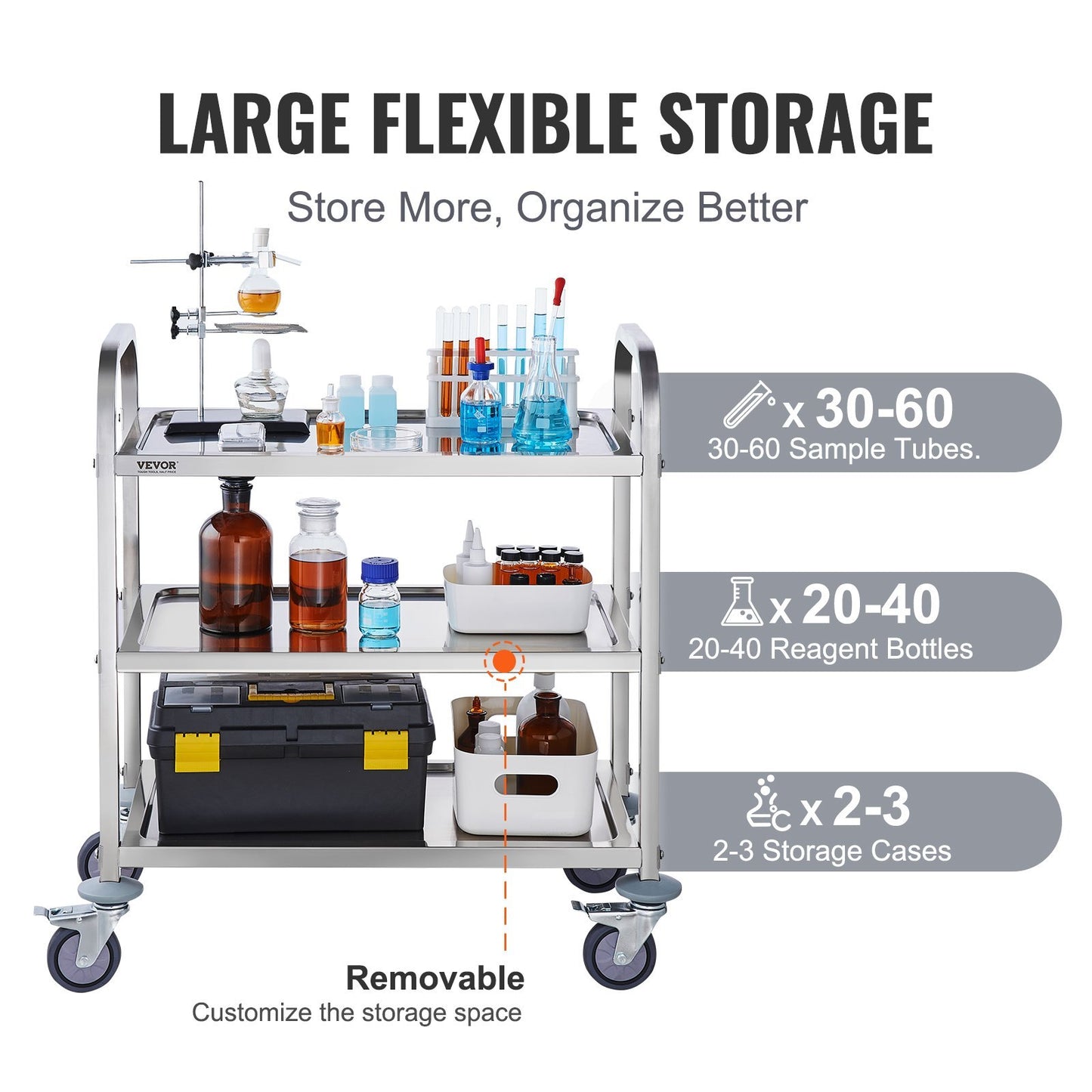 3-Layer Stainless Steel Laboratory Cart – 400 lb Capacity, Lockable Wheels, Multi-Purpose Utility Cart for Labs, Clinics & Industrial Use