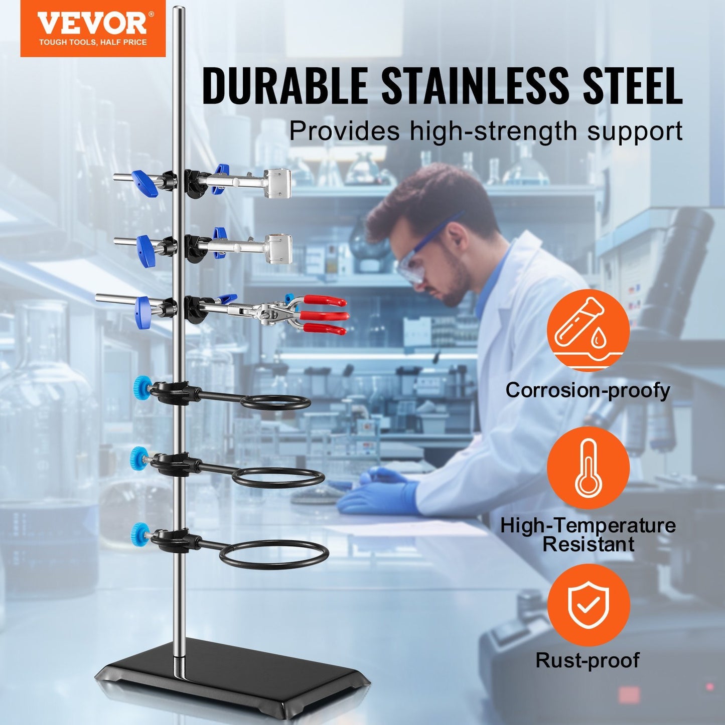 Laboratory Retort Support Stand Set – Heavy-Duty Steel Rod with Cast Iron Base, Flask & Burette Clamps for Lab, Oilfield & Energy Sector Use