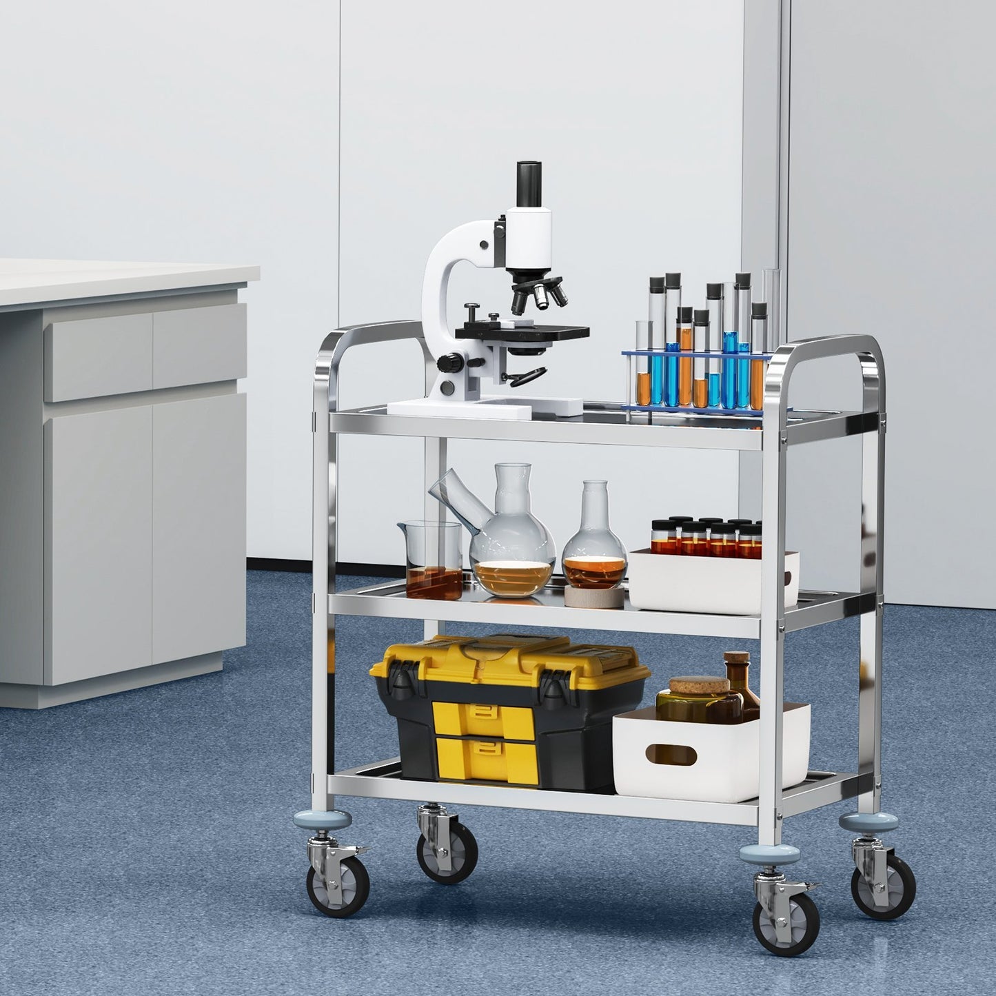 3-Layer Stainless Steel Laboratory Cart – 400 lb Capacity, Lockable Wheels, Multi-Purpose Utility Cart for Labs, Clinics & Industrial Use