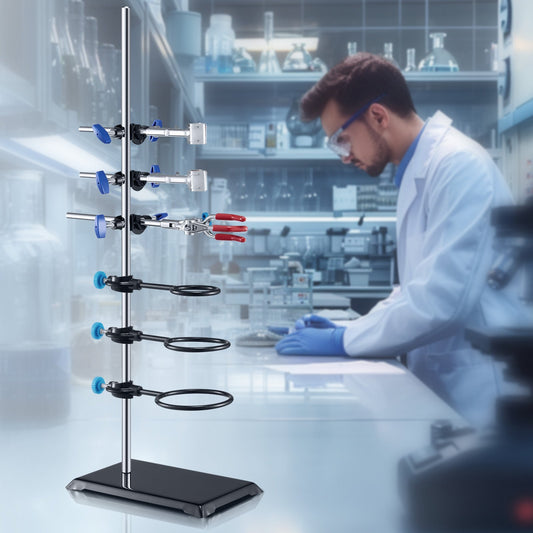Laboratory Retort Support Stand Set – Heavy-Duty Steel Rod with Cast Iron Base, Flask & Burette Clamps for Lab, Oilfield & Energy Sector Use