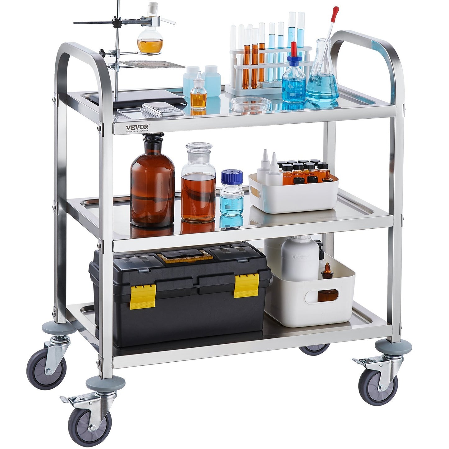 3-Layer Stainless Steel Laboratory Cart – 400 lb Capacity, Lockable Wheels, Multi-Purpose Utility Cart for Labs, Clinics & Industrial Use