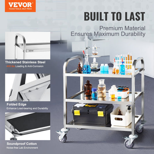 3-Layer Stainless Steel Laboratory Cart – 400 lb Capacity, Lockable Wheels, Multi-Purpose Utility Cart for Labs, Clinics & Industrial Use