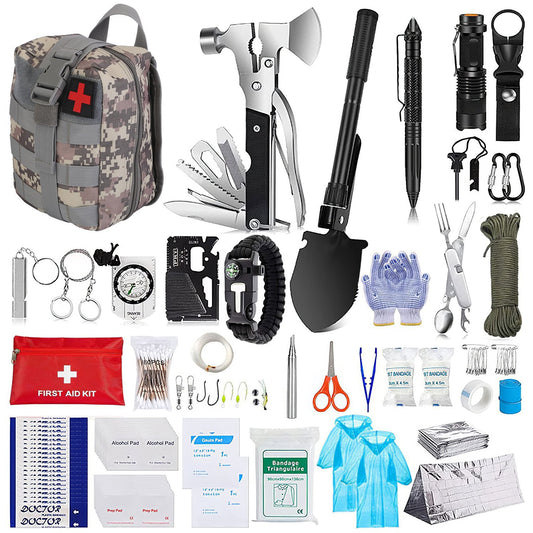 For a compact, budget-friendly option with 100+ medical items and tools like a shovel, axe, and flashlight, explore the 125Pcs Survival Kit