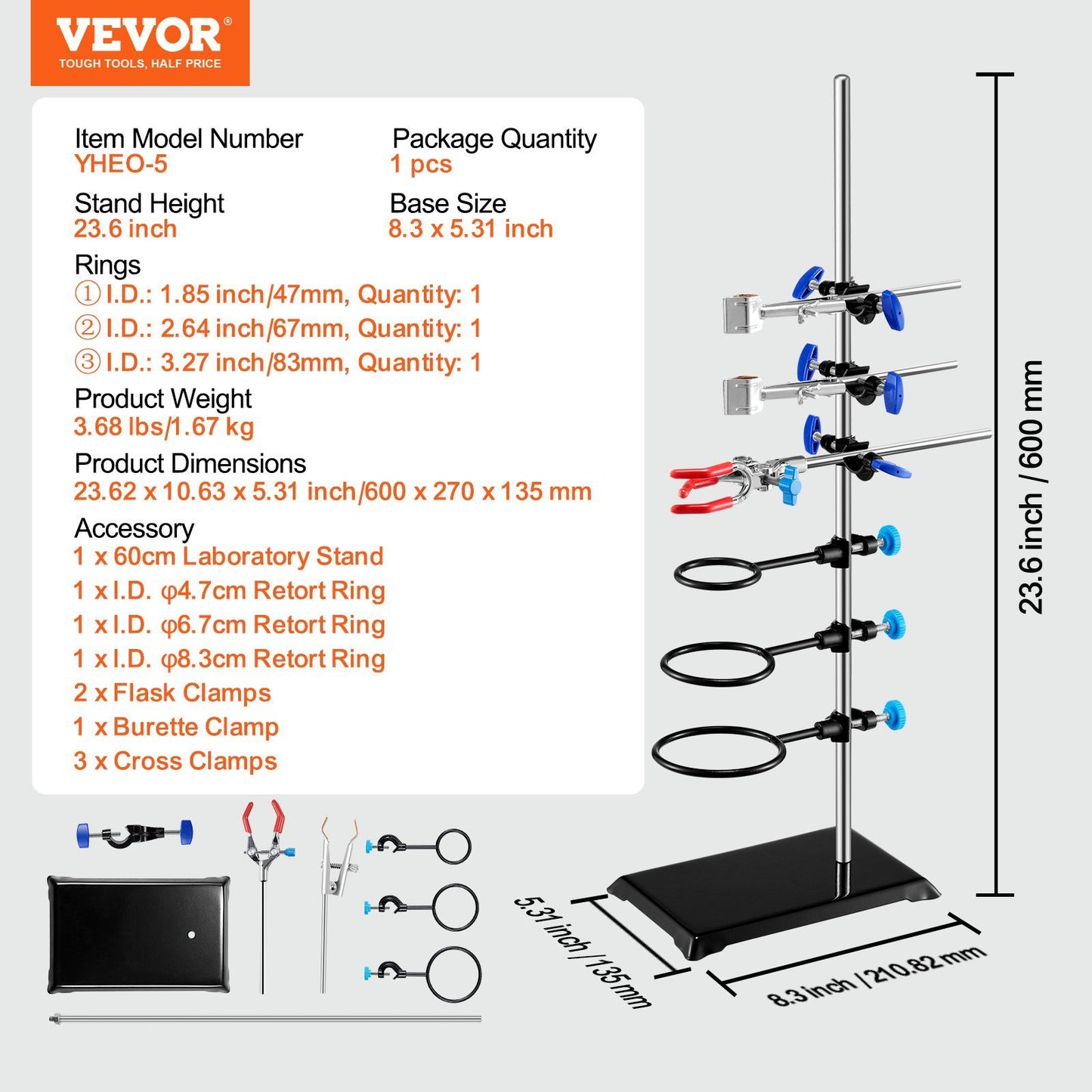 Laboratory Retort Support Stand Set – Heavy-Duty Steel Rod with Cast Iron Base, Flask & Burette Clamps for Lab, Oilfield & Energy Sector Use